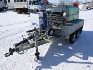 2008 Custom Trailer Mounted Wet Blast Rig c/w T/A Trailer w/ Built-in 110 Gallon Water Tanks, 185 CFM Airman Air Compressor, Nissan Diesel Engine, Showing 1791 Hours, Graco EcoQuip P Vapour Blaster, w/ 200 Ft. of Blast Hose Lines, (4) 50 Ft. Sections, Graco Performance Blast Nozzle, Graco Husky Water Transfer Pump, Spare Parts, Air Line Hoses, Wheel Chocks, Hitch Lock, Pintle Hitch and Other Accessories