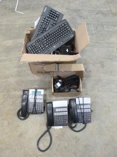 Assortment of Desk Phones, Keyboards, Mouses, Misc. Wires and Cables (E1)
