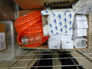 Qty of Assorted Restaurant/Kitchen Items: Sauce/Gravy Boats, Plastic Baskets, Sugar Package Holders, Ice Cream Scoops, Measuring Cups and Spoons, Pepper Shakers, Knives, Oven Mitts, Zesters, Stainless Serving/Slotted Spoons, Small Plastic and Metal Serving Tongs, Salad Dressing Ladles, etc. *NOTE: Plastic Totes and Bins Included-Metal/Wire Crate Not Included* (K-3-3)