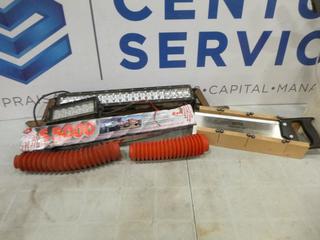 Assorted Items: Shop Vac, Lockable Storage Box with Key, Shock Absorber, Lawn Mower Blades, Flood Light, Hand Saw, Mitre Box (K-2-3)