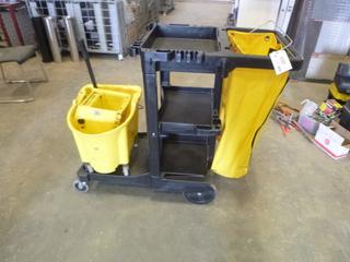 Rubbermaid Rolling Janitorial Cleaning Cart c/w Mop Bucket and (3) Wet Floor Signs (H)