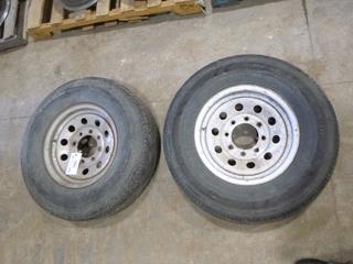 (2) Tires on Rims, (1) Road Rider ST235/80R16, (1) Pro Meter ST235/80R16 (Row 2)