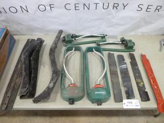 Qty of Lawn Mower Blades, (4) Oscillating Sprinklers and Qty of Lawn Mower Guards (T-3-2)