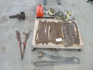 Assortment of Parts and Hardware Includes: Height Adjustable, Weight Distribution Hitch, *Note: No Bars*, 1/2 In. and 3/8 In. Chains, (2) 5/16 In. Chain Boomers, Qty of Assorted Nylon Tie Down and Tow Straps, Light Weight Trailer Jack, Small Jerry Can (O-2-2)