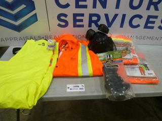 Assortment of Rain Gear/Work Gear, Viking Rain Pant Size 3XL FR, Pioneer Rain Pants Size 2XL FR, (2) Pioneer Rain Jacket Size 3XL FR, Hard Hat with Shield and Ear Muffs, Ice Cleats Size XL, (F-2)