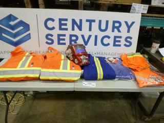 Assortment of Work Gear, Orange FR Coveralls Sizes 54 and 56, Blue FR Coveralls Sizes 50 and 52, Orange Safety Vest Size 2XL-3XL, Welding Face Shield, (J-2-3)