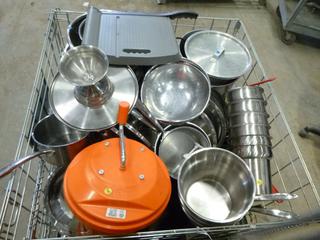 Qty of Pots, Pans, Mixing Bowls, Salad Dryer, Serving and Dessert Trays, etc. *NOTE: Metal Crate/Cage Not Included* (K-3-2)