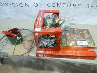 Assorted Christmas Decorations: Tree Stand, Skirt, Ornaments (Y-2-2)