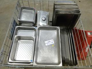 Qty of Assorted Restaurant Items: Buffet Serving Trays, Deep Trays, Shallow Trays, Strainer Trays, Wire Cages for the Bottom Half Trays, Flush Lids, Raised Lids, *Note: Over 100 Pieces* (K-2-2)
