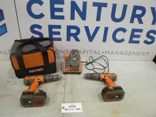 (2) Ridgid Hand Drills, 18 V Drills with (3) Batteries, (1) Charger, (2) Case, (F-1)