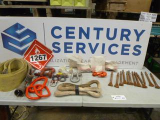 Assortment of Various Shop Tools, Hilti Chisels, Approx. 20 Ft. x 6 In. Tow Sling, Lifting Hooks, Shackles, & 1/2 In. Ball Valve, (G-2)