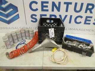 Assortment of Various Tools, Paint, Funnel, Air Hose, Extension Cord c/w Crate, (G1)