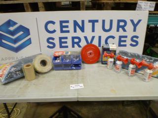 Assortment of Mini Storage Bins, Saw Blade, Spark Plug Wire, Fiber Tape, & Air Horns, (G-1)