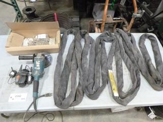 Assorted Tools and Hardware: Makita 6 In. Angle Grinder, Long Shore Spikes, Continental 20 Ft. Long Endless Loop Polyester Sling, Walkie Talkies with Double Base Charger (G1)