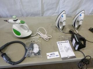 Qty of Handheld Appliances: (1) Vaporetto Easy Plus Handheld Steam Cleaner/Sanitizer, (2) Black & Decker Irons, (1) Kitchen Aid Handheld Mixer (F2)
