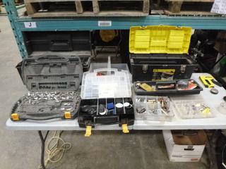 Qty of Assorted Tool Boxes, Nuts, Bolts, Tools, Chains, Nails, Small Chain Boomer, Clamp, Fence Puller, Etc. (V-2-1)