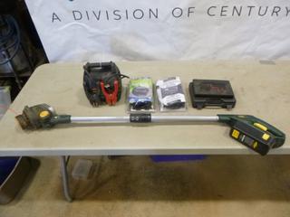 Yardworks Cordless Gas Trimmer (No Guard, No Charger), (2) Incomplete Flaring Kits, Instant Power Battery Charger, (2) Stereo Installation Kit (1) Ford, (1) Jeep (O-1-3)