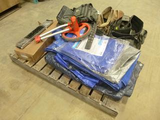Misc. Items: (3) Utility/Tool Belts/Pouches, Assorted Nylon Tarps, Lufkin Walking Measuring Roller (S-5-3)