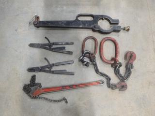 Assortment of Tools: (2) Snap Ring Pliers, (1) Mud Motor Wrench, (1) 3 In. Pipe Wrench, (2) VGD Master Link (T-2-2)