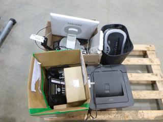 Assortment of Office Supplies: Desk Phones, Shredder, Monitor, Keyboards, Printer (T-2-3)