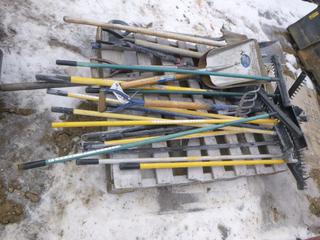 Assorted Yard Tools: Shovels, Forks, Golf Course Rakes, etc. (Row 5)
