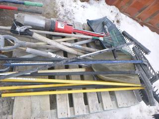 Assorted Yard Tools: Shovels, Rakes, Golf Course Rakes, etc. (Row 5)