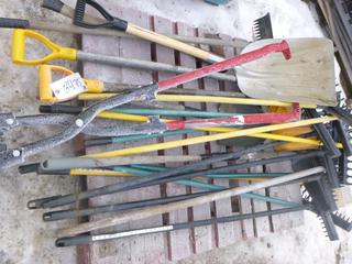 Assorted Yard Tools: Shovels, Rakes, Golf Course Rakes, etc. (Row 5)