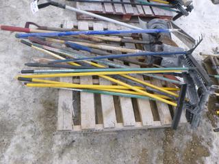 Assorted Yard Tools: Shovels, Rakes, Golf Course Rakes, etc. (Row 5)