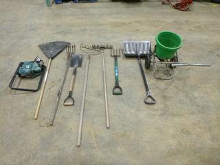 Assortment of Hand Tools c/w Fertilizer Spreader (Row 3)