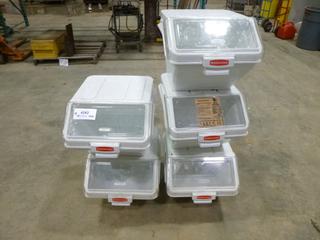 (5) Stackable Rubbermaid Shelf Ingredient Bin, 2 Ft. x 19 In. x 16 In., Clear Sliding Lid Provides Visibility, Some Units Have Scoops (N-2-3)