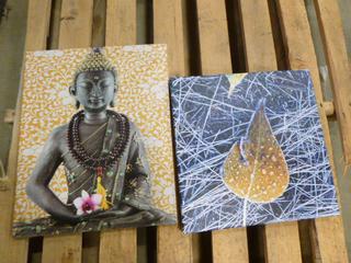 (2) Canvas Pictures, Buddha 20 In, x 16 In., Leaf, 16 In. x 16 In. (Upstairs)