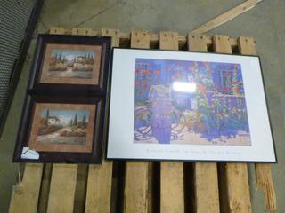 (3) Framed Pictures, House by the Sea 28 In. x 20 In., House Pictures 13 In. x 11 In. (Upstairs)