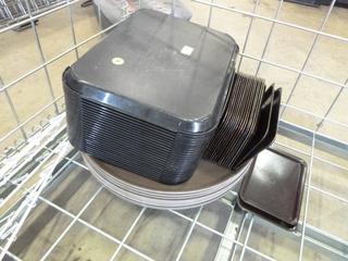 Assortment of Restaurant Equipment/Supplies: Order Holders, Trays-Round Serving, Rectangle Cafeteria Style, Small Rectangle Bill/Payment Style, Square Measuring Tubs, Assorted Plastic Bins and Lids *Note: Metal Crate Not Included* (P-5-1)