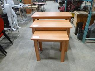 (3) Nesting Table Set, Lrg. 45 In. x 24 In. x 32 In., Med. 36 In. x 21 In. x 28 In., Sm. 27 In. x 18 In. x 24 In., *NOTE: Medium Table has Leg Issues, Some Edging Issues* (K-1-3)