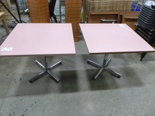 (2) Laminate Topped, Metal Based, Square Restaurant Style Tables, 3 Ft. x 3 Ft. x 30 In., * NOTE: Some Trim Damage and Chips in Table Tops* (H)