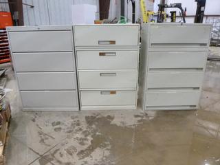 (3) 4-Drawer Filing Cabinets, 54 In, H x 36 In. W x 18 In. Deep, (1) Cabinet includes Napkins, Tablecloths, Decorations (R-5-2)
