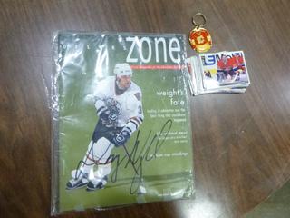 Oilers Zone October 8, 1997 Magazine signed by Doug Weight, c/w Assortment of Hockey Cards and Calgary Flames Keychain *NOTE: No COA* (Upstairs)