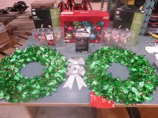 Qty of Christmas Décor: Wreaths, Light Projector, Mini Lights, Ribbons, Ornaments, etc. (D1)