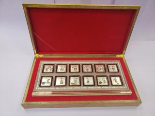 (1) Silver Electroplated 12 Coin Set w/ Acrylic Stand and Wood Case (B1)