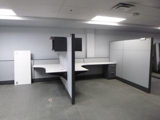 2-Person Office Cubicle c/w Partitions, Shelf, Upper Cabinet, 2-Drawer Filing Cabinet, (8 Ft. x 6 Ft. Each desk) *Note: Assembly Required (Y-1-1)