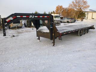2015 26ft Tridem Gooseneck Equipment Trailer C/w Folding Monster Ramps Made By PJ Trailer And Hopkins Towing Solutions The Engager Break Away System. VIN 4P5FS2632F1216734