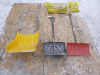 Qty Of (3) Snow Shovels C/w (3) Bags Of 10kg Ice Patrol Snow & Ice Melt