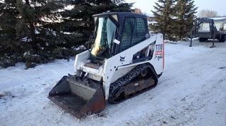2011 Bobcat Model T110 Compact Skidsteer Loader C/w Kubota 2.4L Diesel Engine, Aux Hyd, ISO/H Drive Steering And 48in Bucket. Showing 1045hrs. SN AE01111344