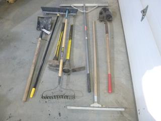 8lb Sledge Hammer, Pick Axe, Squeegee, Shovels, Rake And Broom