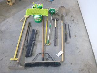 Qty Of Hand Tools Includes: 8lb Sledge Hammer, Pry Bars, Shovel, Mop Supplies, Scraper And Shop Brooms