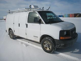 2006 GMC 2500 Savanna Cargo Van c/w 6.0L Gas, Automatic, Roof Rack, Tires 245 75 16, VIN 1GTGG25U361182166. Showing 336,731 Kms.