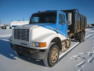 1995 International 4700 T444E S/A Gravel Truck c/w 7.3L 6 Spd c/w 15' Box, Manual Tarp, VIN 1HTSCABPXSH625030. Showing 355,423 Kms.