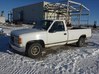 1996 GMC Sierra SL Pick Up Regular Cab, c/w 5.0L V8, 5 Speed Standard, A/C, Showing 190,608 Kms, 235/75R15 Tires At 30%, 8 Ft. Box, 2-Way Radio Motorola SM120, Rear Hitch, VIN 1GTEC14M6TZ544082 *Note: Needs Boost, Needs Clutch Adjusted, Some Rust, Left Mirror Housing Damaged*