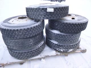 (7) Bridgestone R196 Tires on 10 Bolt Rims, Size 11R22.5 (Row 1)