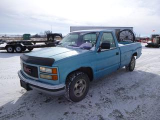 1993 GMC 1500 SL Regular Cab Pick Up c/w 4.3L, A/T, Showing 198,513 Kms, 2 Wheel Drive, 235/75R15 Tires at 20%, 8 Ft. Box, VIN 1GTDC14Z8PE552446 *Note: No Exhaust, Service Engine Soon Light On, Roof Liner Coming Apart, Passenger Side Back Tire has Slow Leak*